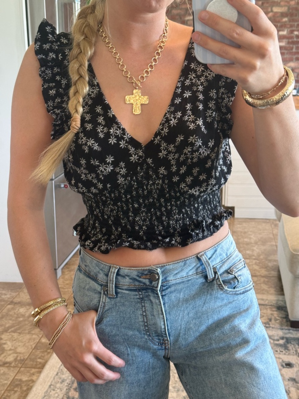 Patrons of Peace Black Floral V‑Neck Smocked Crop Top